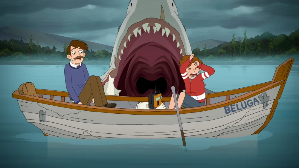 "Two animated people in a wooden rowboat named “Beluga” on a lake look shocked as a giant shark with an open mouth emerges from the water behind them under cloudy skies, with trees in the background."